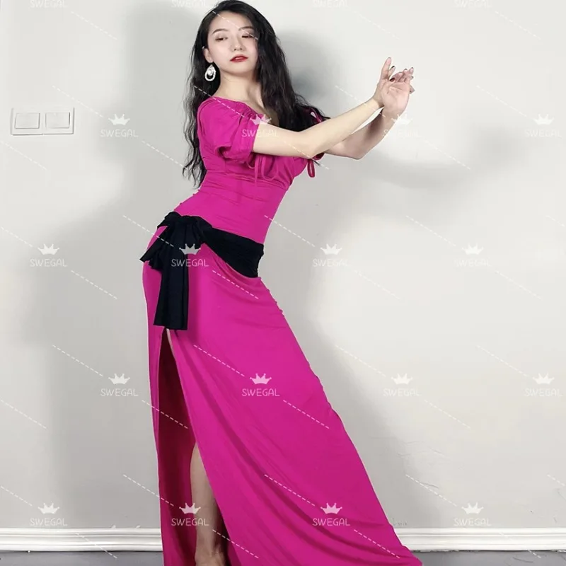 

Платье для танца живота Swegal по индивидуальному заказу, фиолетовое, розовое, красное, из модала, халат с завязками на плечах, халат для восточного танца, тренировочный наряд