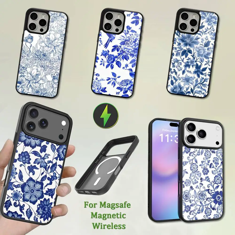 

Blue White Porcelain Art Phone Case For iPhone 13,12,11,16,15,17,14,Pro,Max,Plus,Mini,Magsafe,Magnetic Wireless Charging
