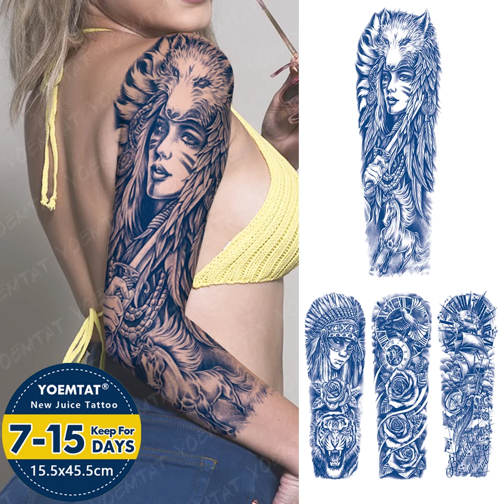 

Large Full Arm Sleeve Juice Ink Waterproof Temporary Tattoo Sticker Snow Fox Indian Tribe Warrior Fake Tatoo Body Art Women Men