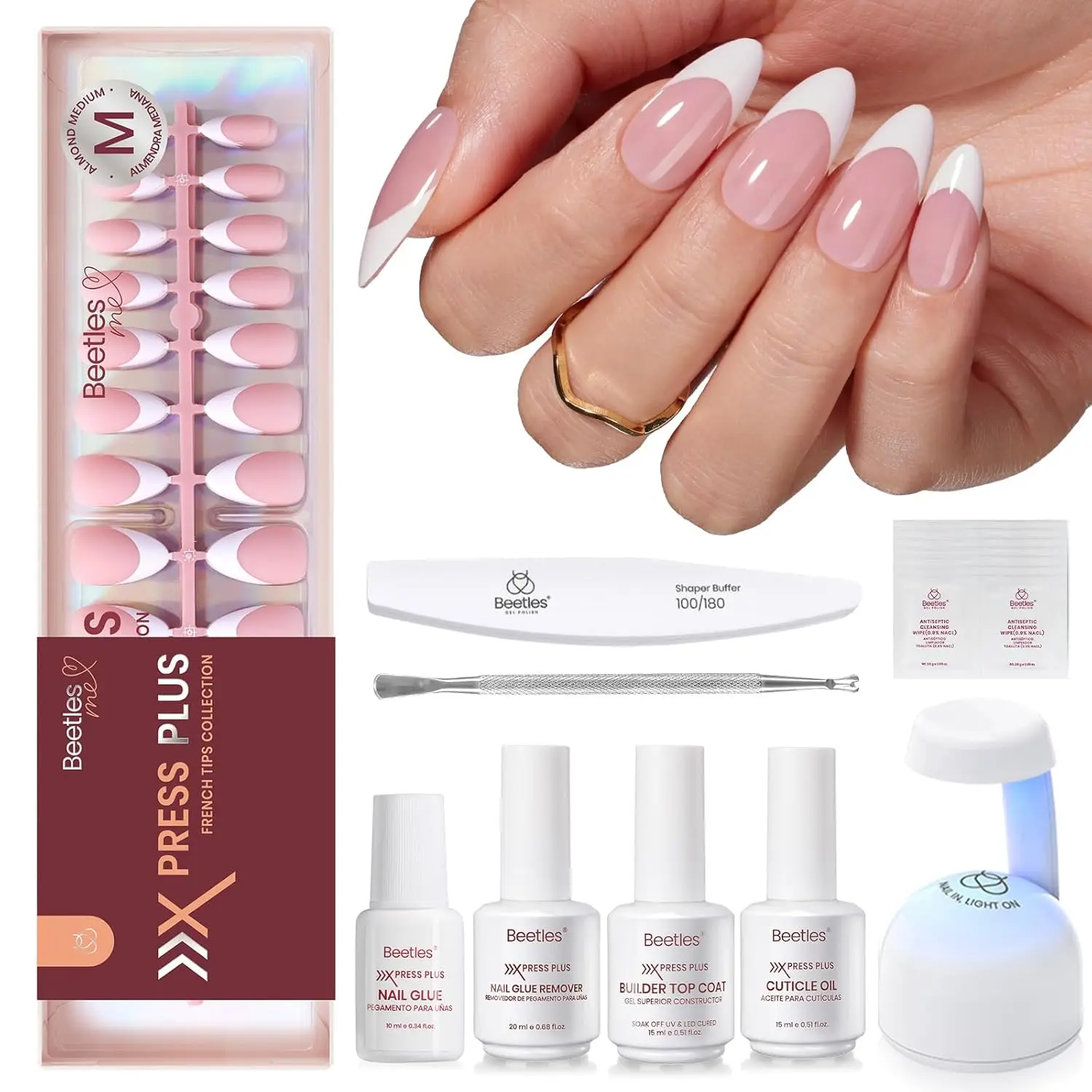Kit per unghie con stampa di mandorle medie rosa francese pesca - 210 pezzi tutto in uno con colla, rimozione, top coat e lampada per manicure autunnale
