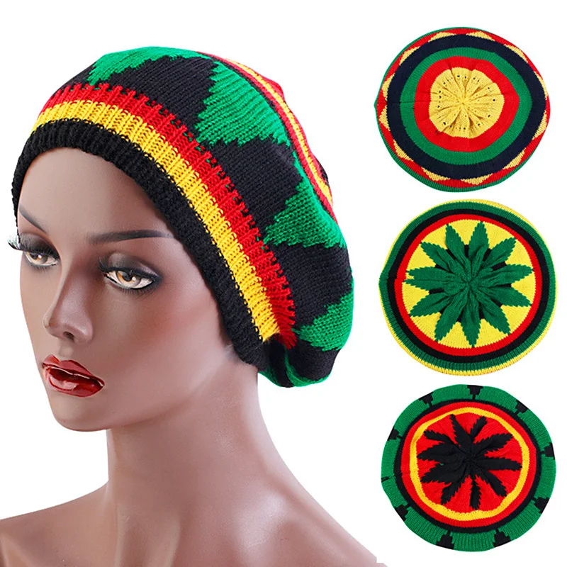 New Winter Knitted Beret Cap For Mens Women Jamaican Rasta Knit Beanie Hat Multi-colour Leaves Hip Hop Fashion Haircover