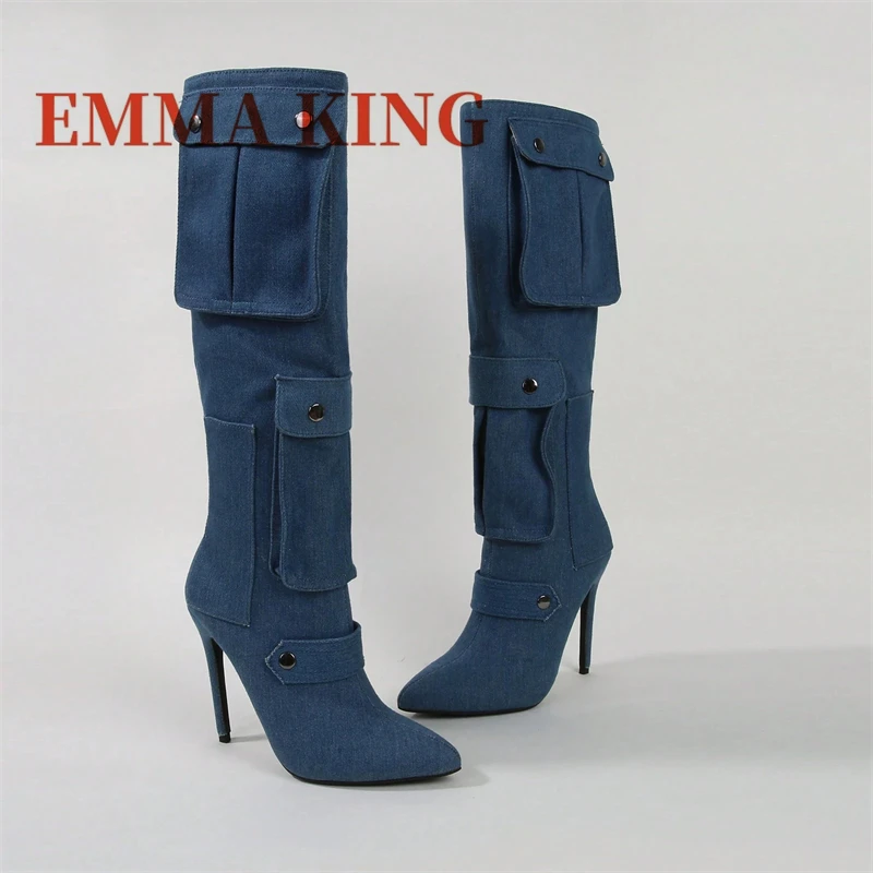 مثير جيب التفاصيل حذاء برقبة للركبة مدبب تو الخناجر أحذية عالية الكعب موضة أسود أبيض حفلة عادية الجانب سستة الأحذية #5