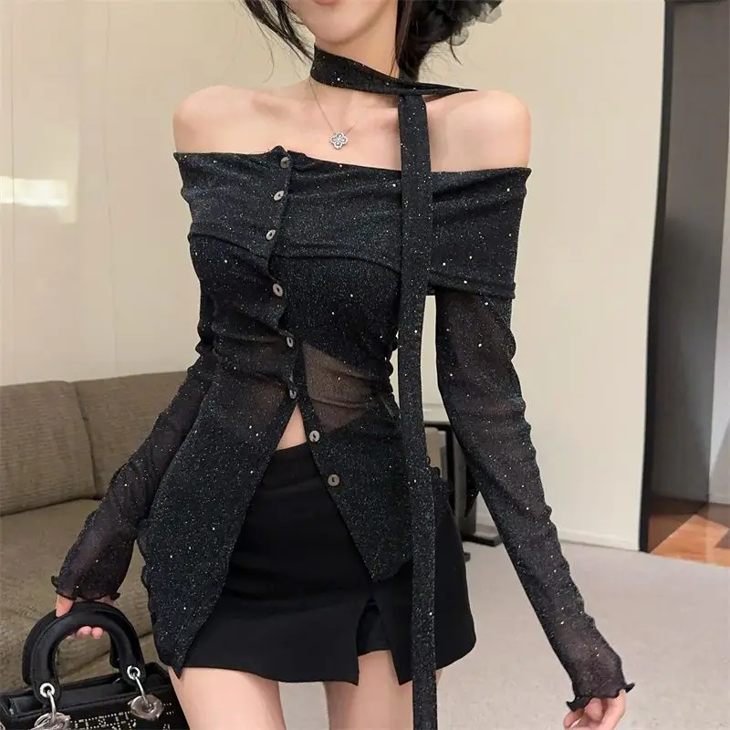 

Glittering Irregular One-Shoulder T-Shirt Women Spring Autumn New Slim Niche Design Long-Sleeved Top