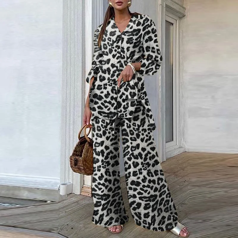 Fashion Girls\' Set Women\'s Leopard Print Long Sleeve Shirt Top and Long Pants Wide Leg Pants Casual Loose Set Plus Size