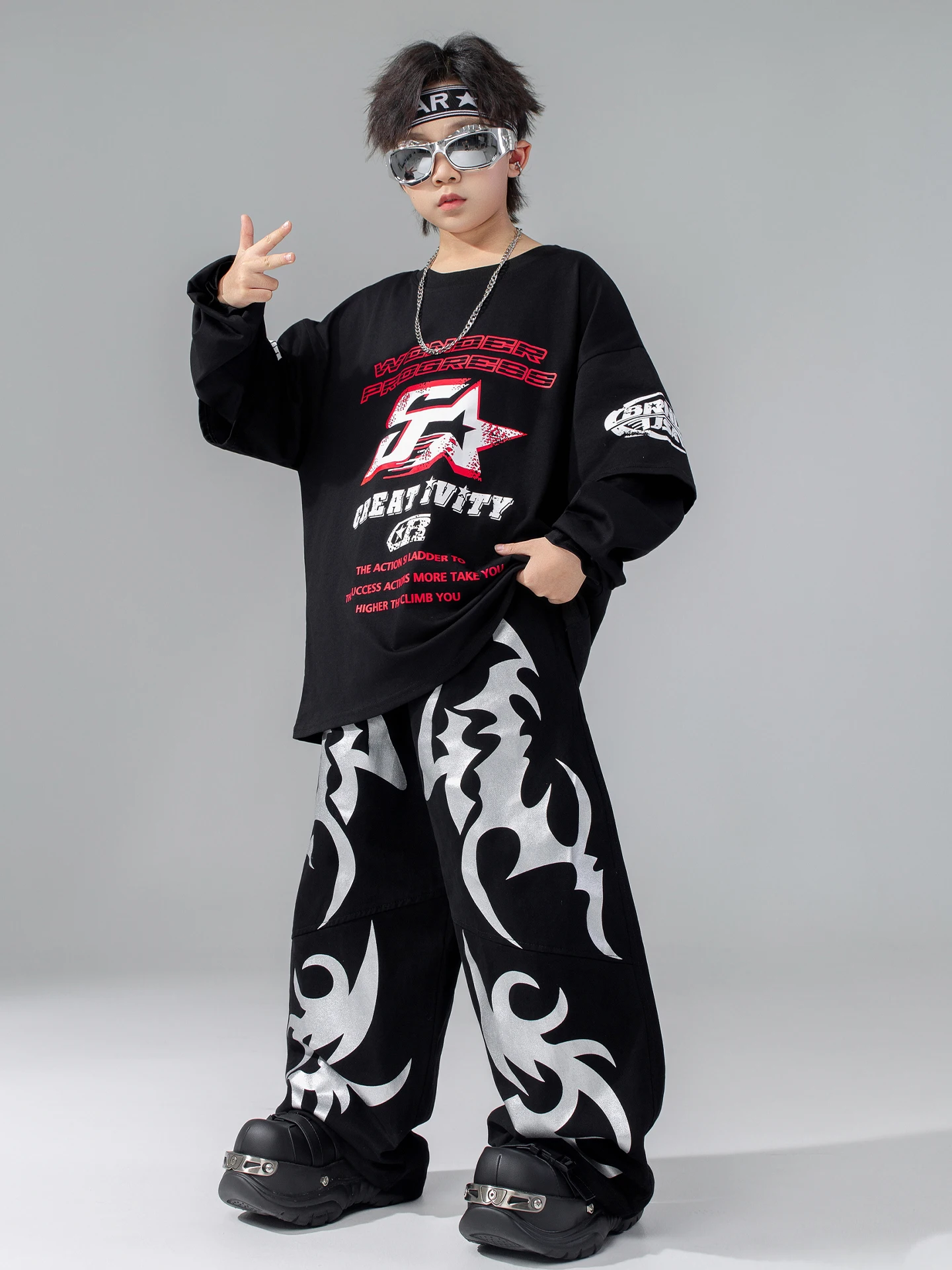 Stroje do tańca jazzowego dla dzieci na rok 2025, luźne koszule, spodnie cargo, garnitur dla chłopców, ubrania hip-hopowe rave dla dziewcząt, DQS21311