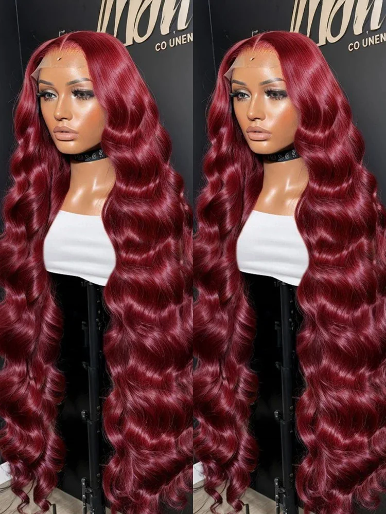 High Density 99J Burgundy 13x4 13X6 HD Body Wave Lace Front Human Hair Wig 30 Inch Red Colored Water Wave Frontal Wigs for Women