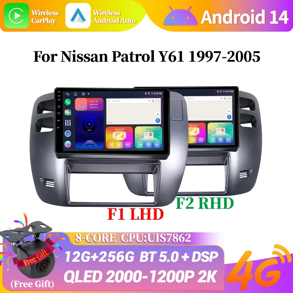 

Android 14 автомобильный радиоприемник мультимедийная система плеер стерео авто Bluetooth CarPlay экран для Nissan Patrol Y61 1997-2005 гг.