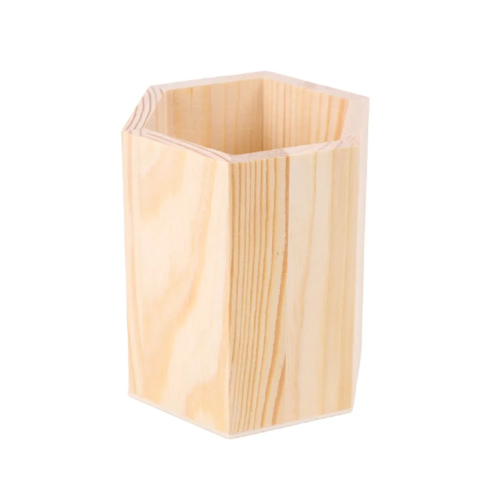Multi-functional Wooden Pen Holder DIY Painting Round/Hexagonal/Square Pen Container Desktop Organizer Students