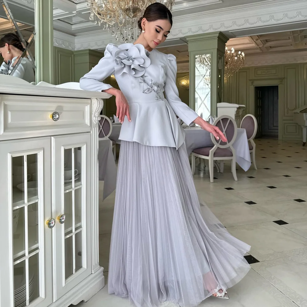 Customized Jersey Draped Beading Flower Formal Evening A-line O-Neck Bespoke Occasion Gown Long Dresses