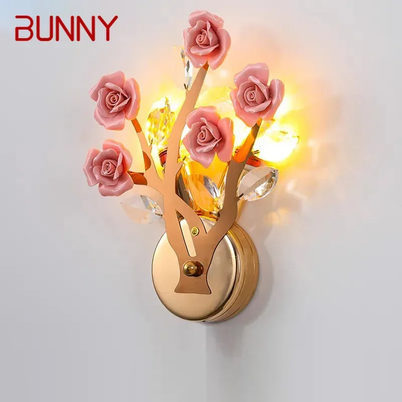 BUNNY Contemporary Crystal Wall lamp Creativity Ceramics Rose Blossoms Living Room Bedroom Girl's room Villa LED Bedside Light