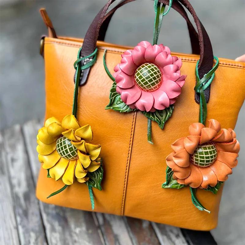Genuine Leather Sunflower Pendant Bag Charm Purple Flower Keychain Bag Pendant Decoration High Luxury Girl Gift Bags Accessories