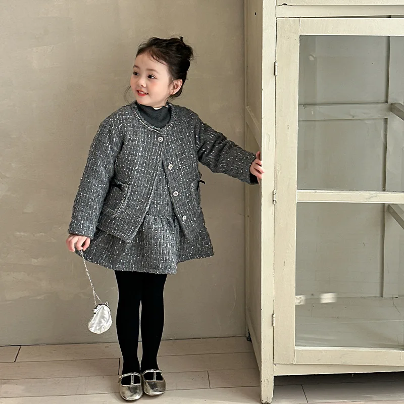 Baby Girls Gray Suits Children 2024 New Autumn Winter Fashion Coat and Skirt and Sweater Top Three-piece Set Clothes Suits