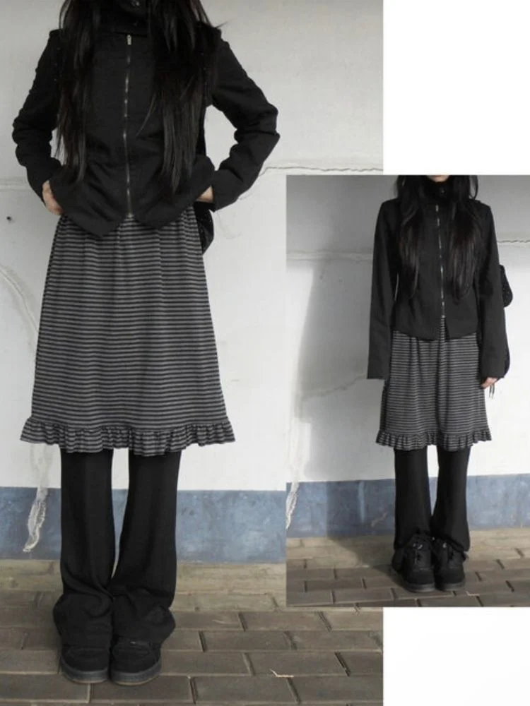 

Корейские осенние брюки для девочек в полоску с воланами в стиле ретро Y2K, легкие искусственные двухсекционные многослойные утягивающие юбки, брюки