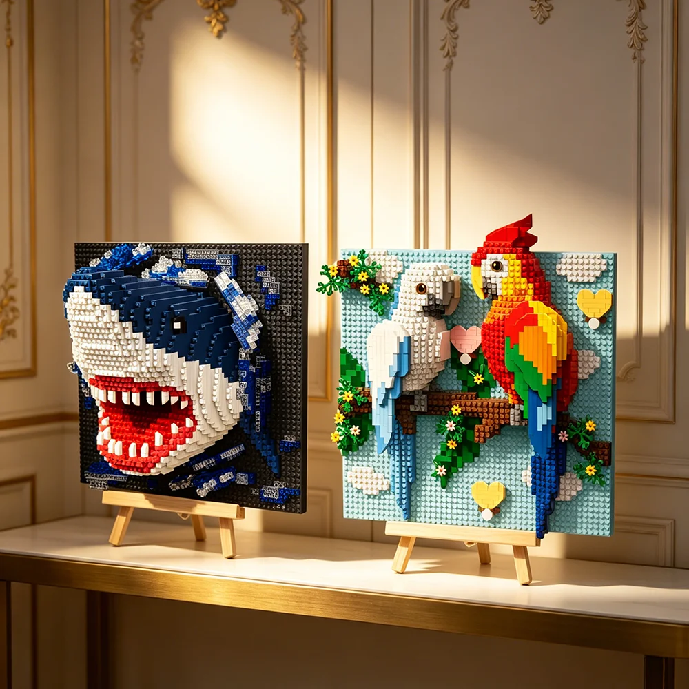 3D Bausteine Hai-Monsterkopf Wandbild DIY Tier-Anhänger Wanddekoration Hängende Skulptur Heimdekoration Spielzeug Geschenk