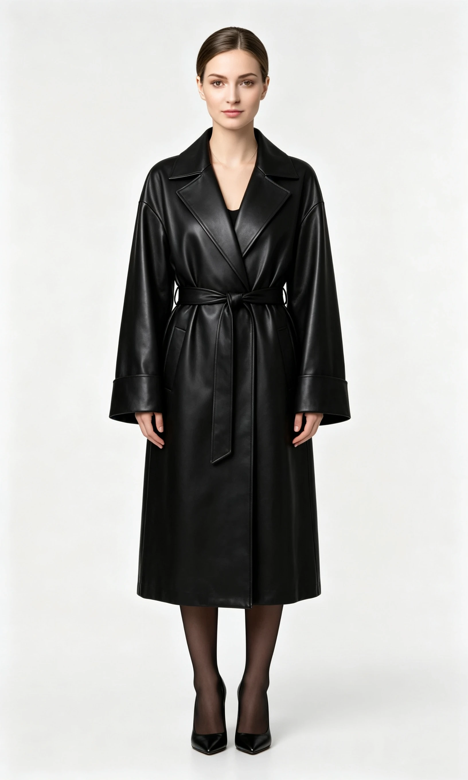 Women's Faux Leather Trench Coat with Notched Lapel and Self-Tie Belt