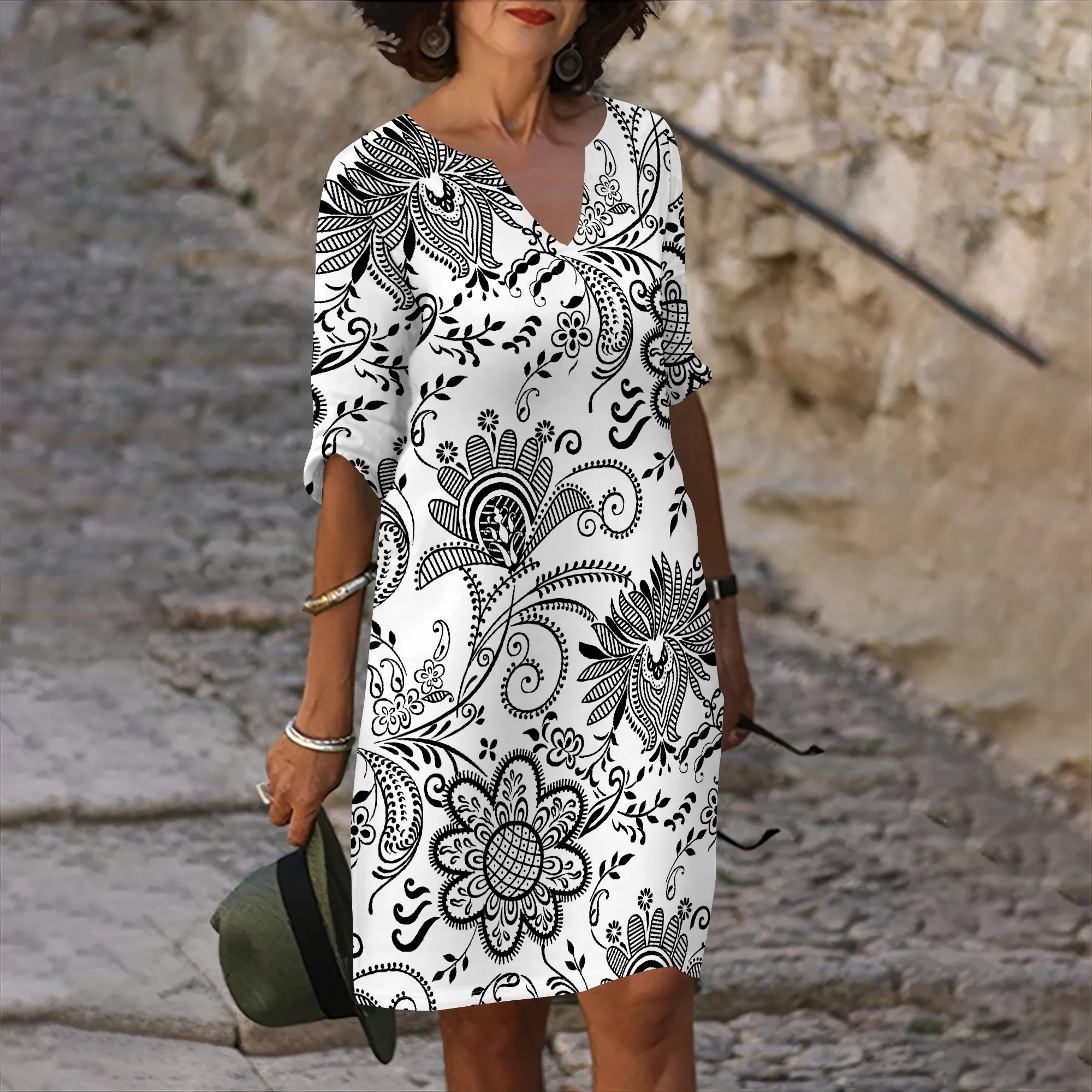 

Nupusa Floral Print Dress for Women Standard Size Summer Casual V Neck Half Sleeve Dress