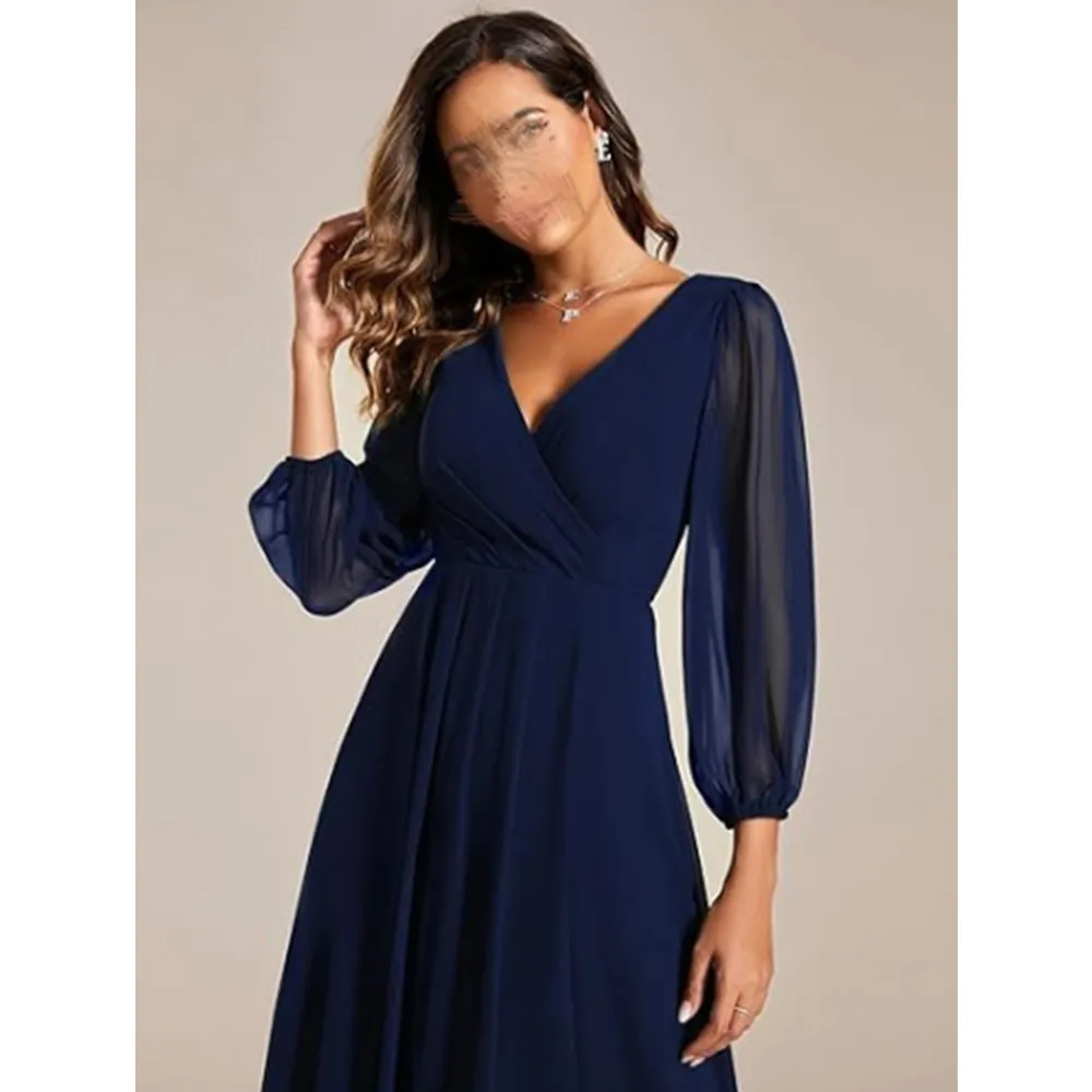 Vestidos de noite elegantes femininos, manga cheia, chiffon com gola V, linha A, vestidos de baile, vestido formal sexy, 2020