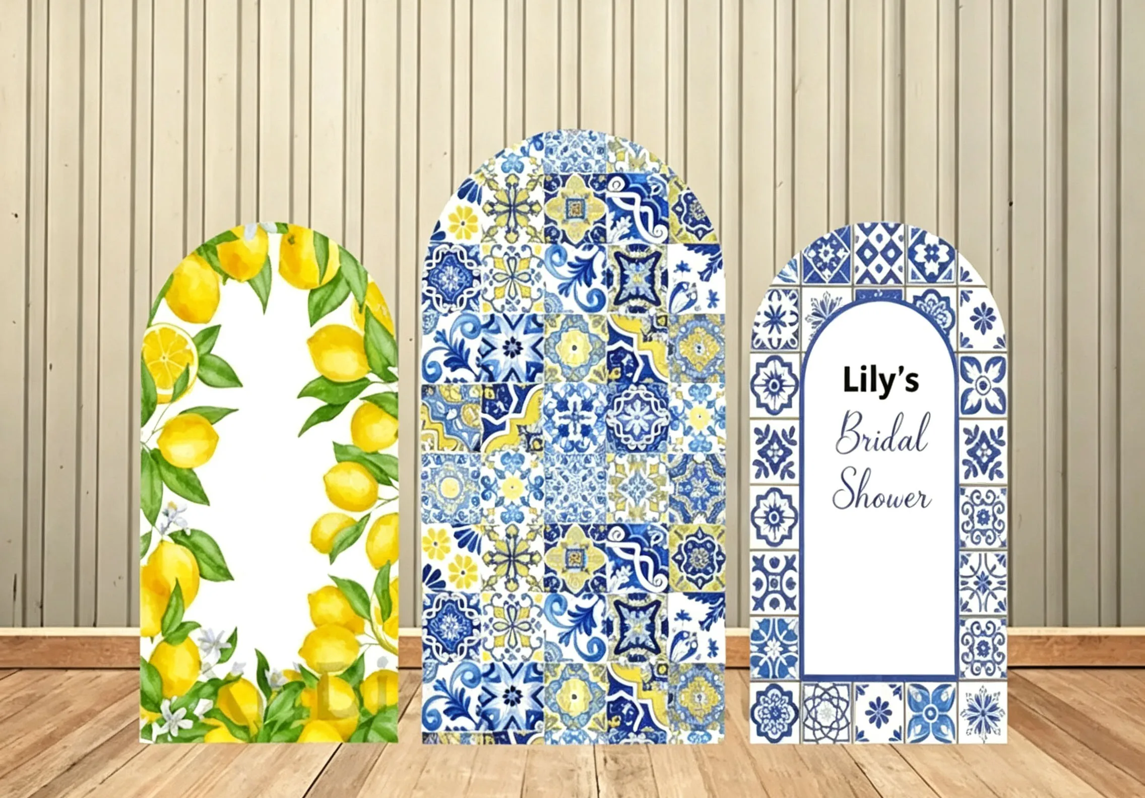 Custom 2-Side Lemon Mediterranean Bridal Shower Arch Backdrop Cover Tile Custom Name Wedding Birthday Party Decor Backdrop Photo