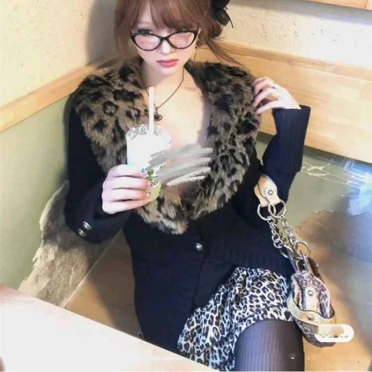 Vintage Sexy Leopard Print Patchwork Tops Mujer 2024 Autumn Winter New Cardigan for Women Y2k Slim Fit Long Sleeve Sweaters