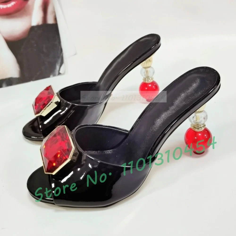 Red Crystal Ball Heels Mules Women Round Strange Heel Ruby Patent Leather Shoes Ladies Summer Peep Toe Party Casual Slippers