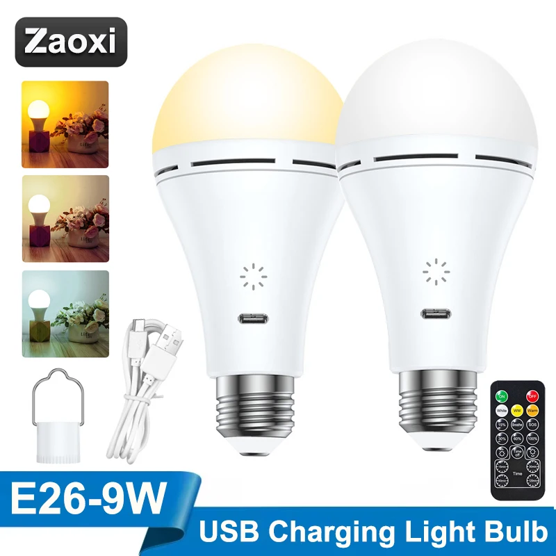 

ZAOXI USB LED Charging Light Bulbs E26 9W Touch Control Dimming Tri Color Temperature Remote Control Timing Light 3000K-6000K 5V