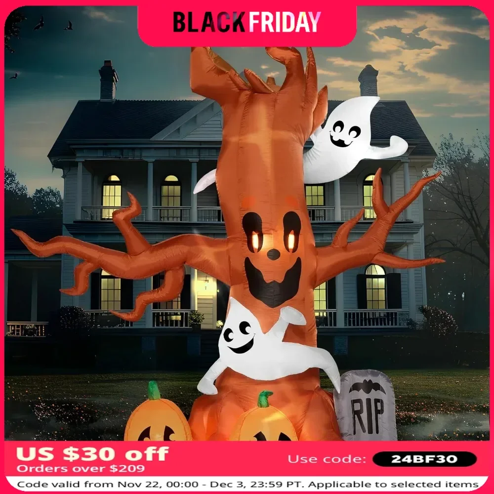 8 FT Halloween Inflatable Scary Tree with Ghost, Pumpkin and Tombstone, Blow Up Inflatables with Build-in LEDs for Halloween