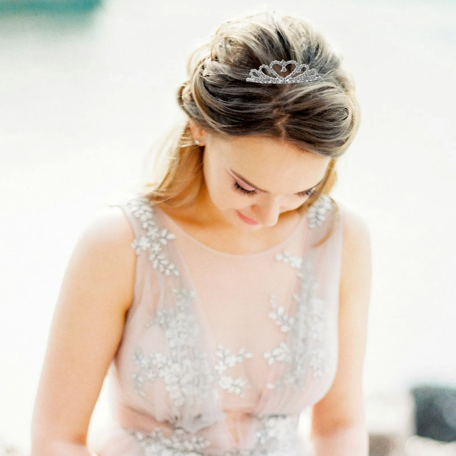 

Heart Shaped Rhinestone Crown Bridal Tiara for Wedding Party Silver Color Long Lasting Lightweight Headpiece Accessories