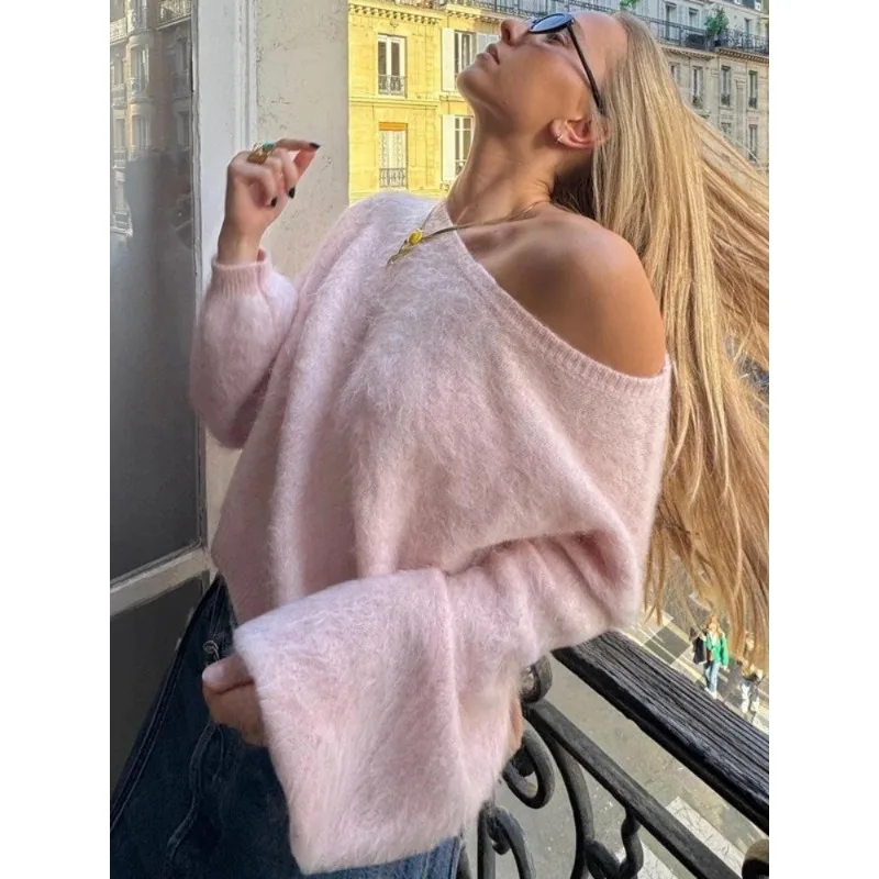 

Женская одежда: розовые свитера, осень-зима 2026, однотонные трикотажные изделия с круглым вырезом, пуловеры для девочек, свободные белые вязаные свитера