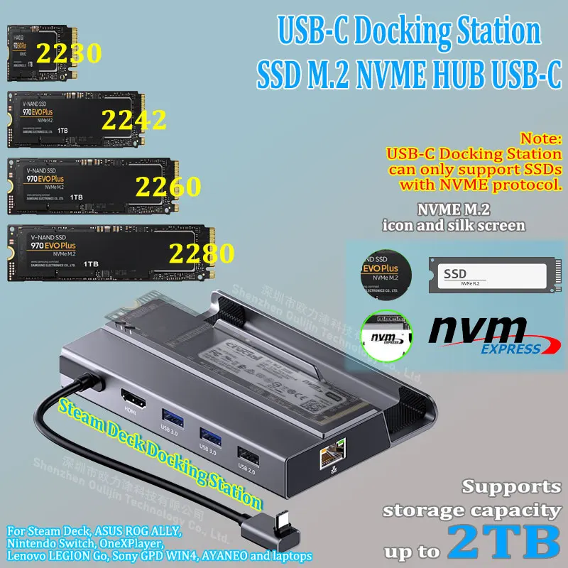 

USB-C Docking Station for Steam Deck, ROG ally, Legion Go, Nintendo Switch, AYANEO with 4K 60HZ HD, M.2 SSD Enclosure, RJ45