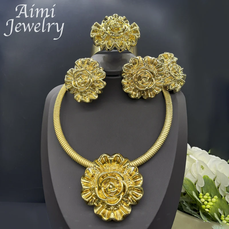 

Women Elegant Dubai Gold Plated Jewelry Set Big Flower Necklace Earrings Bracelet Ring Italian Luxury Bridal Wedding Party Gifts