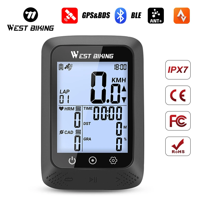 WEST BIKING Bicycle GPS Computer IPX7 Waterproof Wireless 5.0 ANT Bluetooth Speedometer Automatic Backlight Bike Speed Sensor