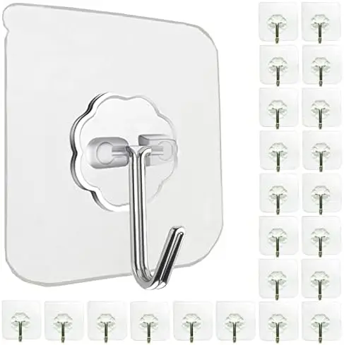 

24 Pack Heavy Duty Self-Adhesive Hooks - 33lb, Clear, Waterproof Wall Hooks for Home, Bathroom, Kitchen