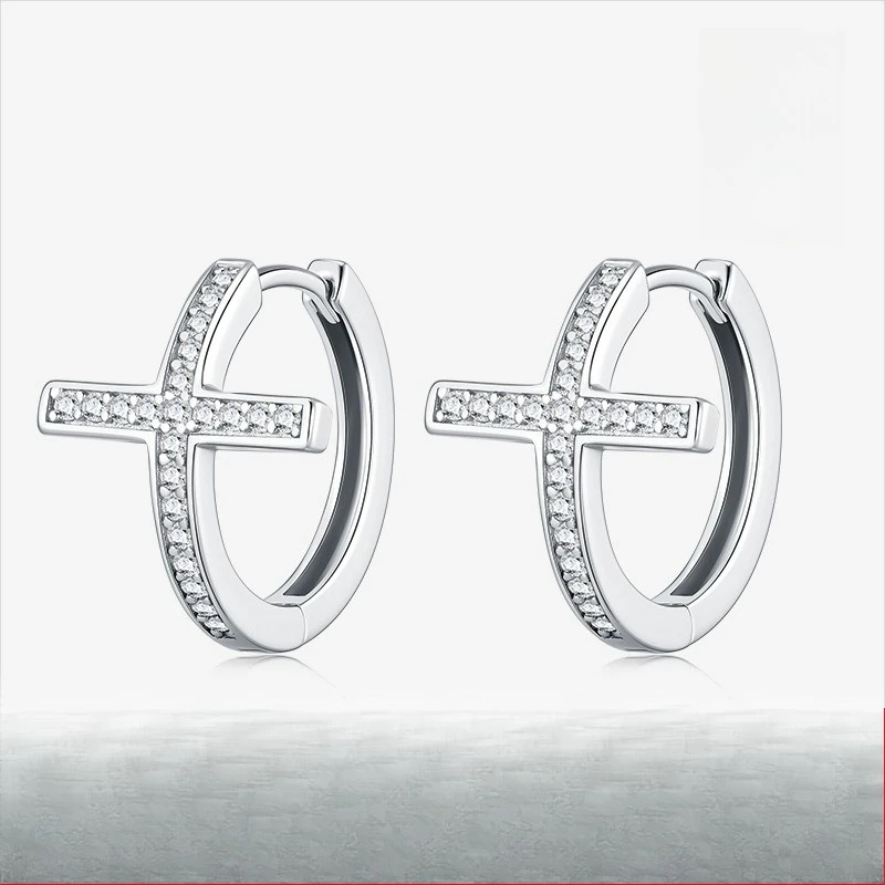 

English: D-Color Unique Cross 1mm Moissanite 44-Stone Drop Earrings, Platinum Plated S925 Sterling Silver, Exquisite Fine