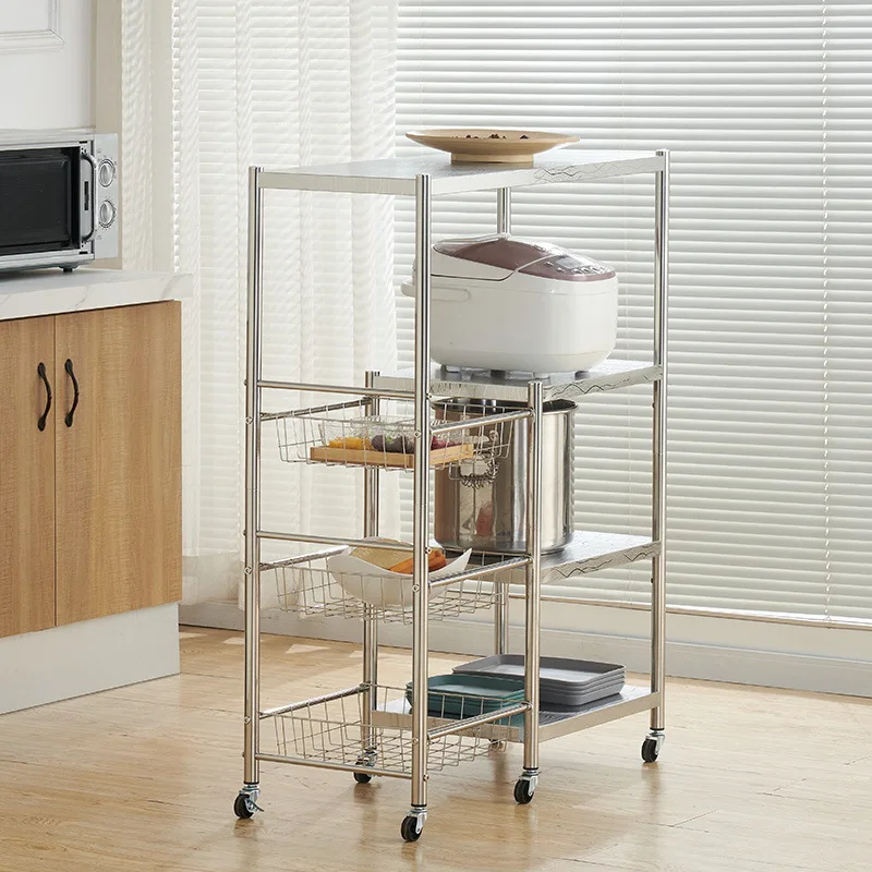 Four-column mesh basket, stainless steel vegetable rack, kitchen vegetable storage basket, household microwave floor standing