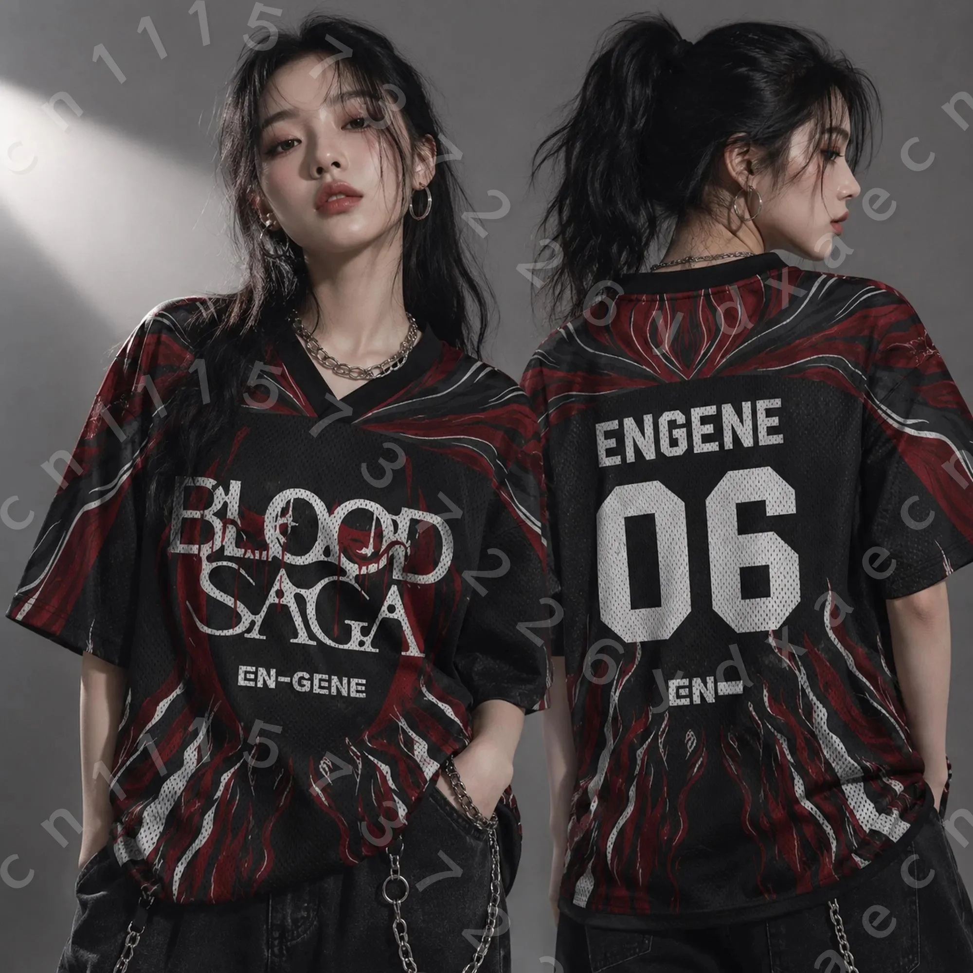 Family Matching Dark Flame Pattern Mesh Jersey Blood Theme Double Sided Letter Number Print V Neck Breathable Short Sleeve Tee