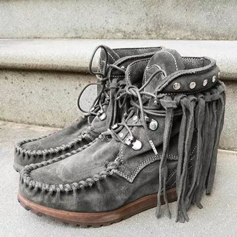 Women's Suede Fringe Moccasin Ankle Boots Lace-Up Rivet Decor Fold Over Collar Round Toe Flat Sole Bohemian Western Footwear
