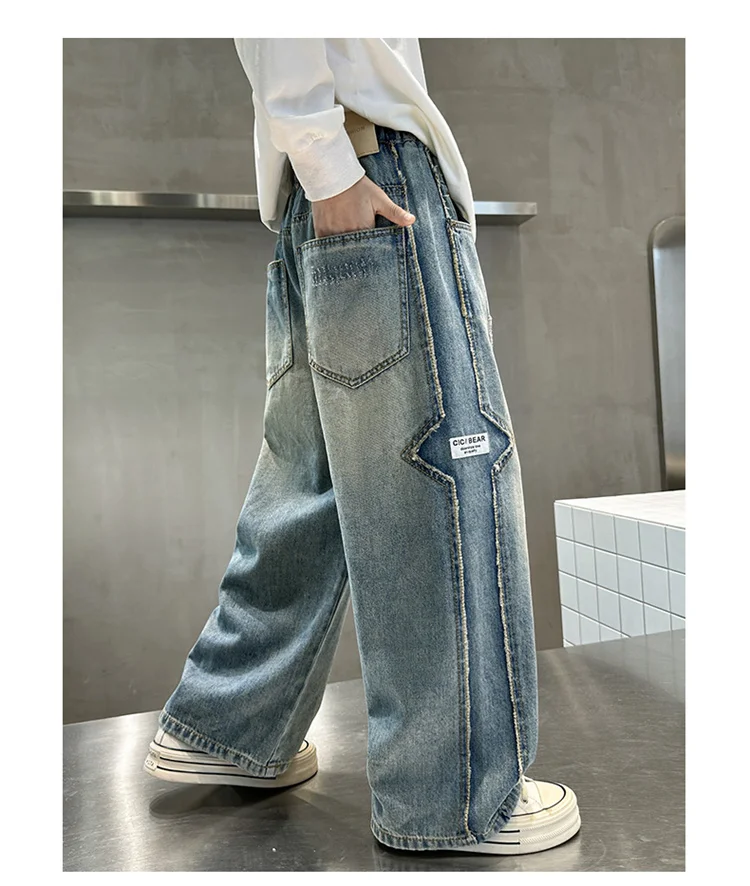 Frühlings- und Herbst-Jeans für Kinder und Jugendliche, Stylische Lose Gerade Hosen für Jungen im Europäisch-Amerikanischen Stil, Hochgeschnittene Baumwoll-Denim-Hosen – Detail 5