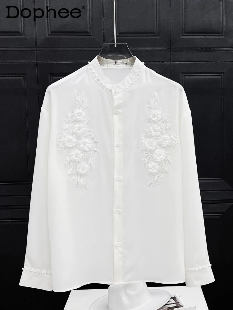 

Men's 2025 Autumn New Retro Stand Collar Beaded Embroidered Shirts Men's Light Luxury Fashion Versatile Trend Long Sleeve Shirts