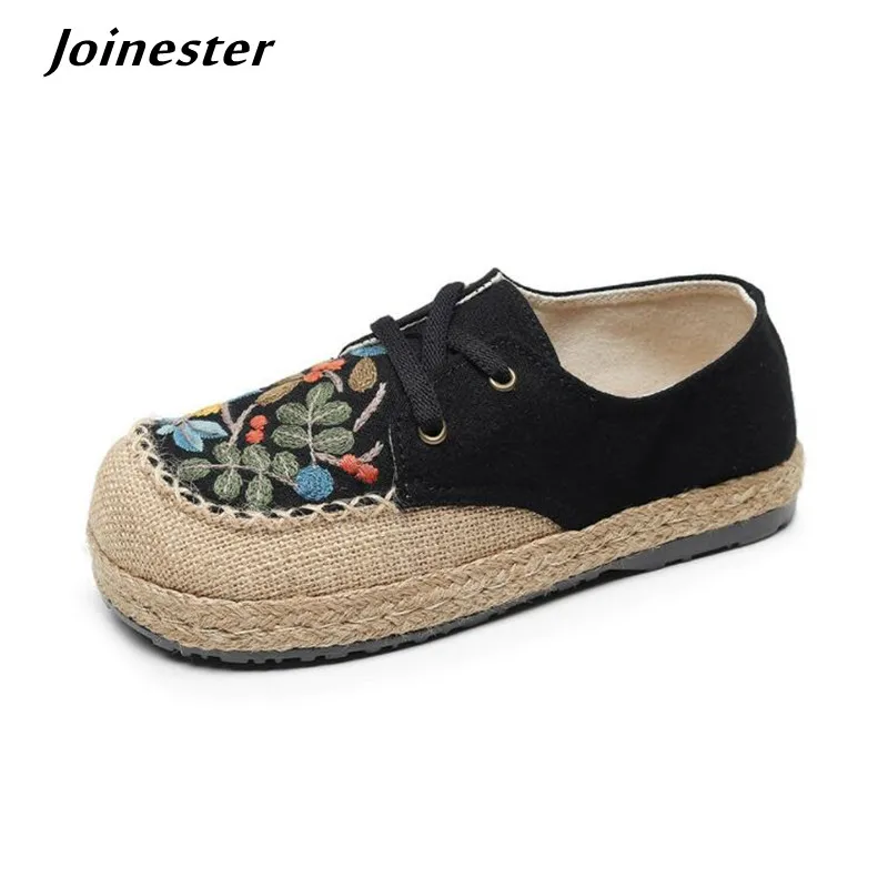 Retro Canvas Hemp Sneakers for Women Flat Heeled Spring Shoes Female Lace-up Wide Toe Casual Shoe Girls Ethnic Loafers