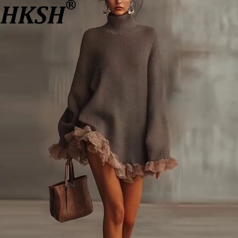 

HKSH Autumn New Women Sweater Turtleneck Long Sleeves Knitted Patchwork Ruffled Hem Versatile Elegant Trendy Casual Tops HK17211