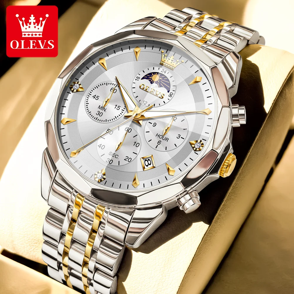 

OLEVS 3673 Мужские кварцевые часы с ромбовидным зеркалом, автоматическая дата, водонепроницаемый хронограф с фазой Луны, лучшие роскошные часы