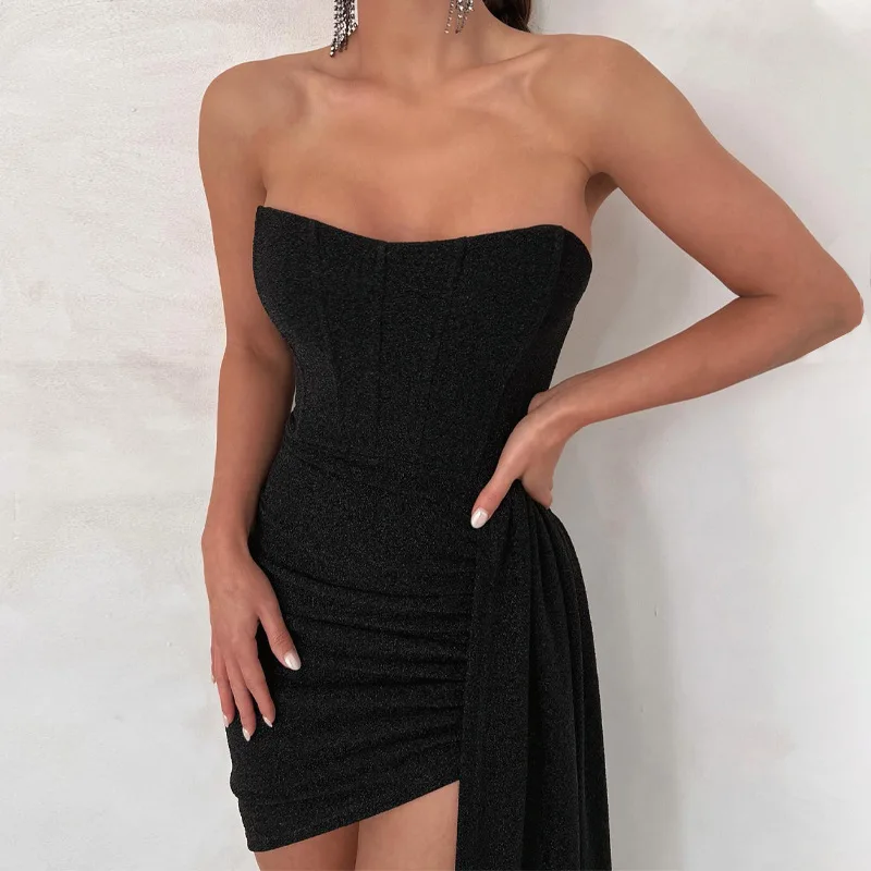 Women Solid  Dress Strapless Bright Silk Asymmetric Skirt Hem Dress Sexy Luxury Evening Skirt Fit Hip Wrap Skirt  y2k dress