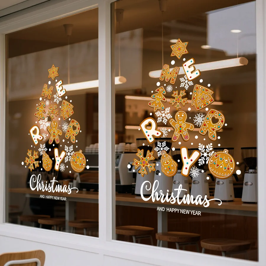 1 piece 45× 60cm gingerbread cookie Christmas tree electrostatic window sticker, adhesive-free and reusable, snowflake Christmas glass sticker, for home and shop window decoration