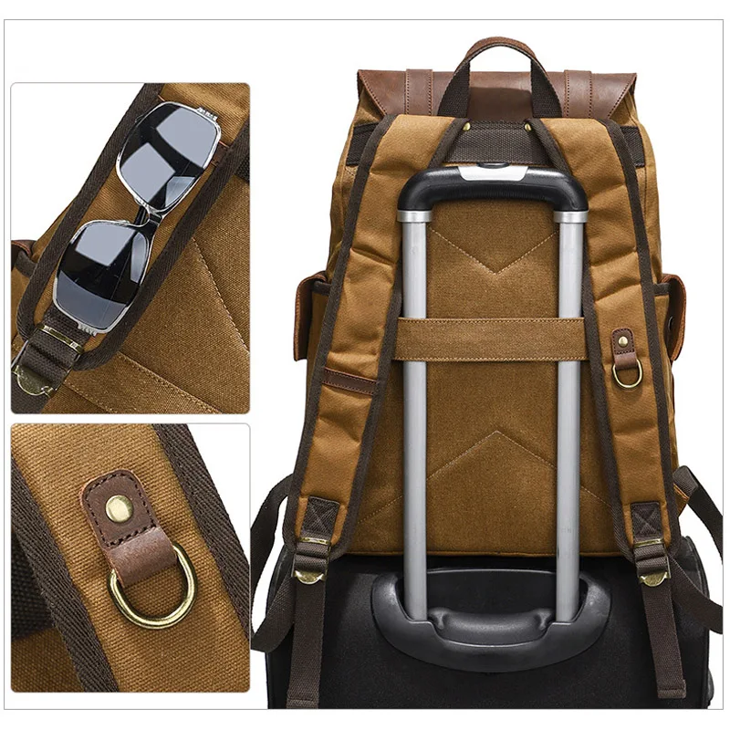 Duży plecak z woskowanej tkaniny płóciennej dla mężczyzn, brązowe skórzane wykończenia, zamykany na sznurek i klamrę, torba podróżna na zewnątrz, podwójne ramię.