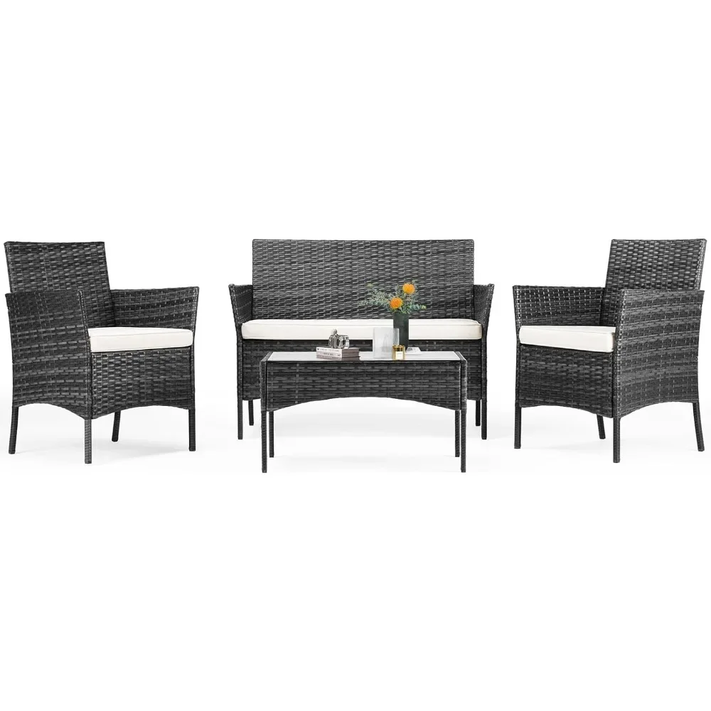 

4 Pieces Patio Furniture Set,Outdoor Furniture with Soft Cushion and Glass Table,All Weather Manual Weaving Wicker Rattan Chairs