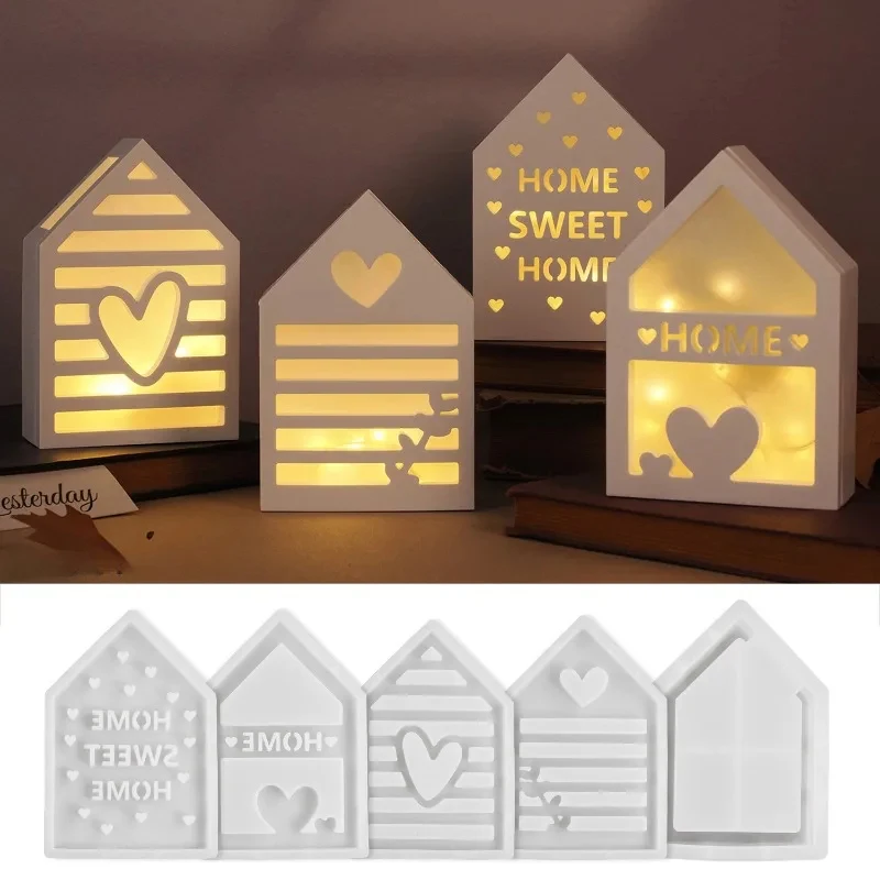 Cement House Hollow Decoration Mold Love Home 3D Lamp Silhouette Mirror Silicone Mold DIY House Crystal Drip Plaster Mould