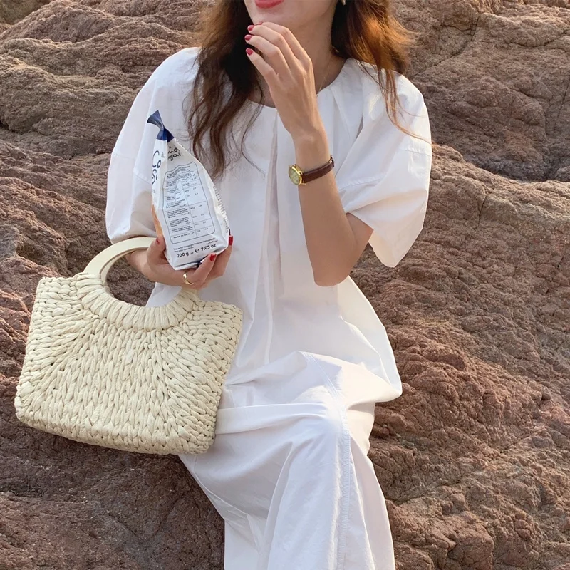 Chic Summer Loose Long Bubble Sve Round Ne Pure Color Dr เกาหลี Sle Casual Ele Split Ba Dr สําหรับผู้หญิง