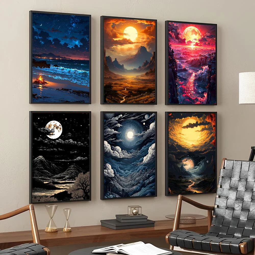 Supernatural Landscape Art Poster Self-adhesive Art Waterproof Paper Sticker Coffee House Bar Room Wall Decor