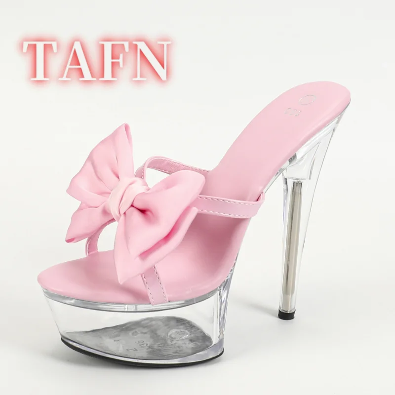 

Women's Summer Bow Platform Sandals Clear High Heel Transparent Mules Thick Platform Slippers Female Catwalk Dance Shoes Size 43