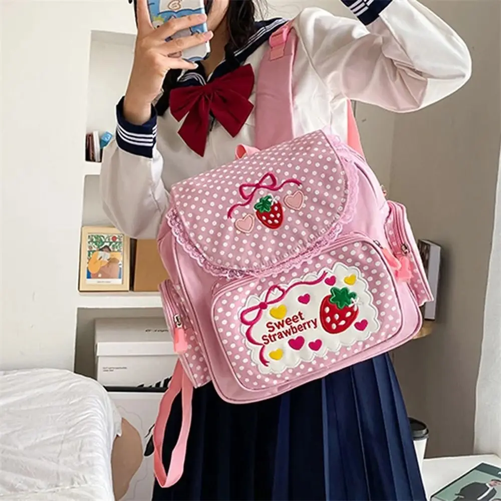 Embroidery Strawberry School Bag Multi-Pocket Mochila Dots Girl Backpack Casual Kawaii Student Rucksack Teenager College